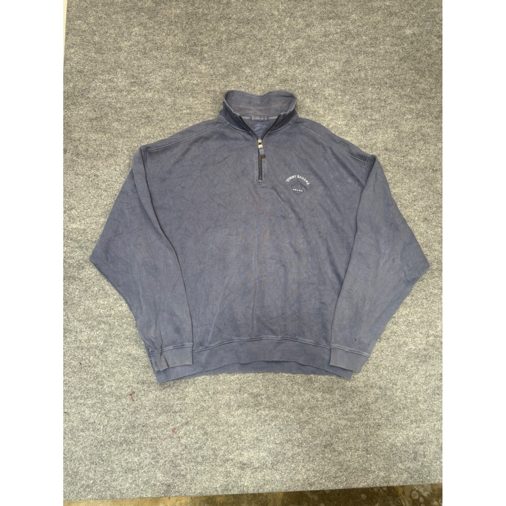 Tommy Bahama Relax Mens XL Blue Pigment Dyed Ribbed Quarter Zip Pullover Sweater